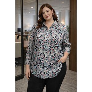 Chaps Artsy Paisley No Iron Contrast Cuff Button Up Blouse Top Plus Size 2X